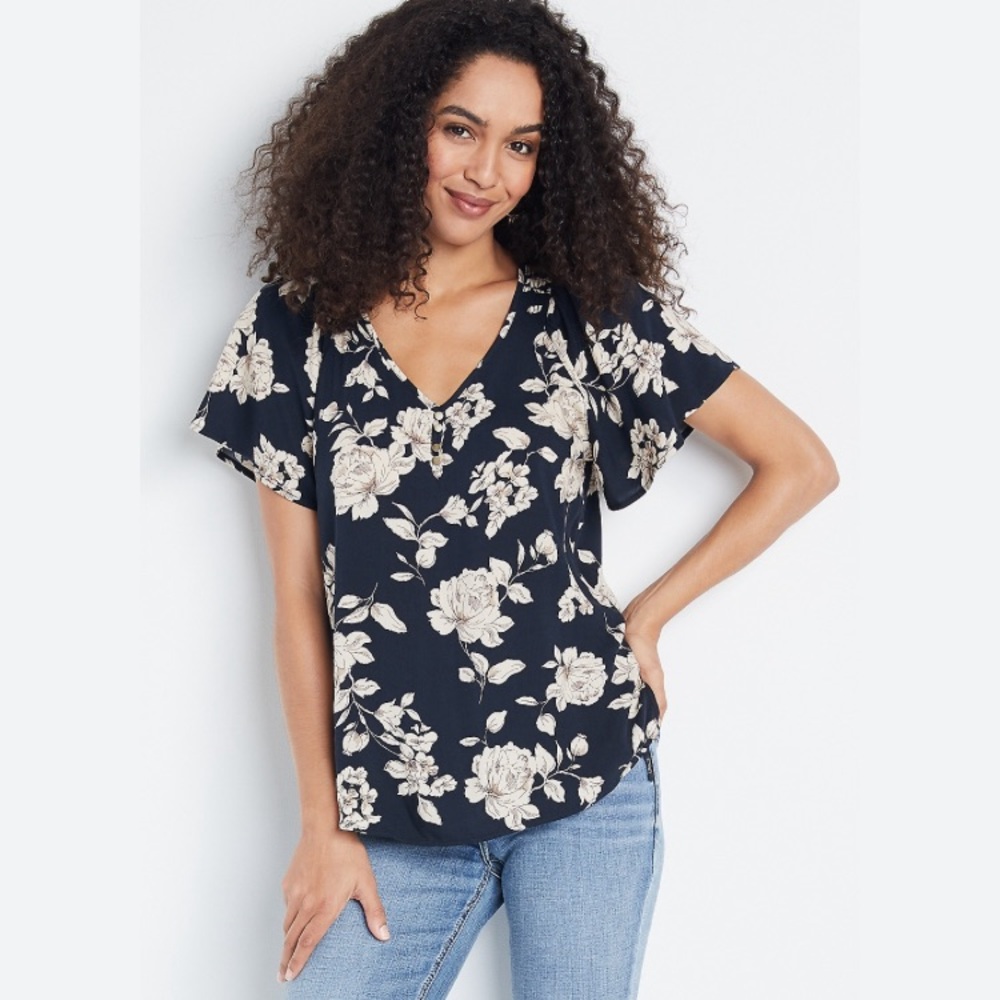 Maurices Black Floral Flutter Sleeve Button Front Top